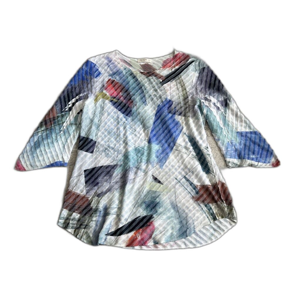 Jess & Jane Shirt Womens Large Asymmetrical Tunic Top White Blue Artsy Textured